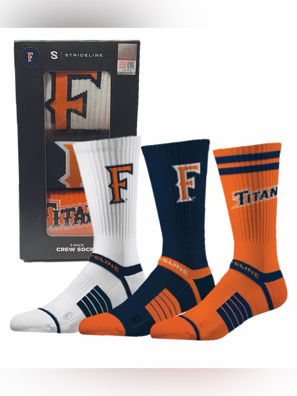 $40 Retail NIB Strideline 3-Pack Crew Socks California State Univ Fullerton